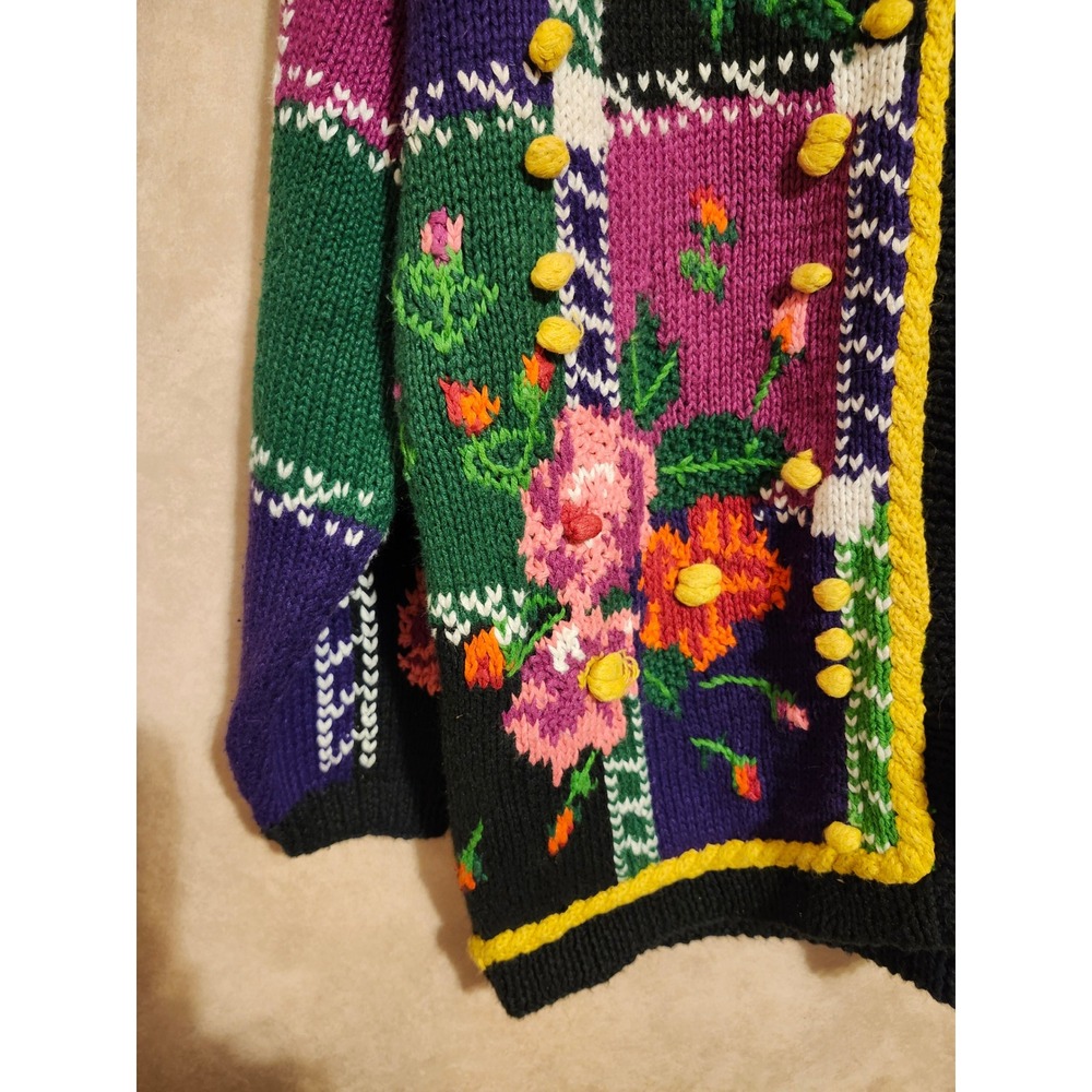 Jennifer Reed Vintage Hand Knit Floral Cardigan Pom Pom Shoulder Pads Medium - Picture 3 of 11